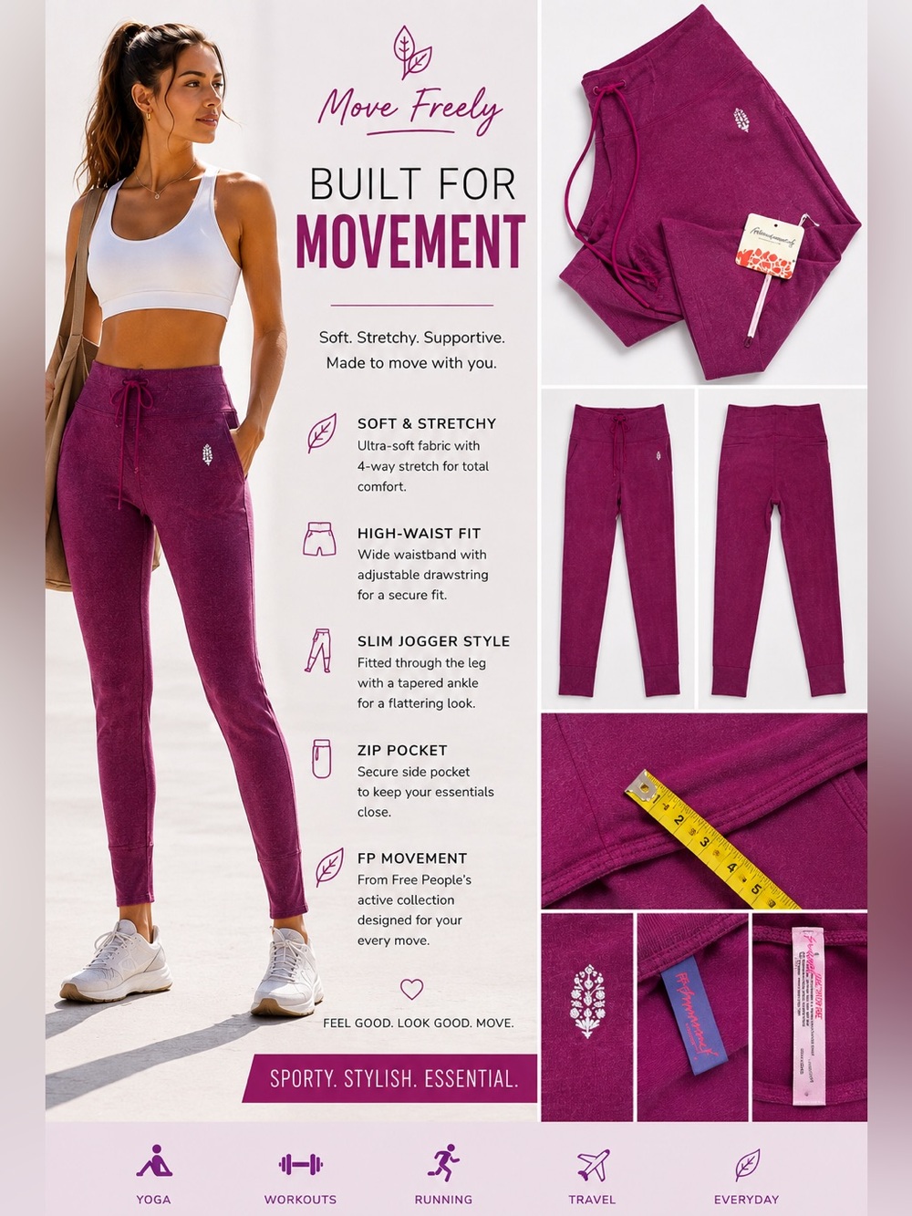Free People Women Magenta Jogger Sweatpants with Drawstring